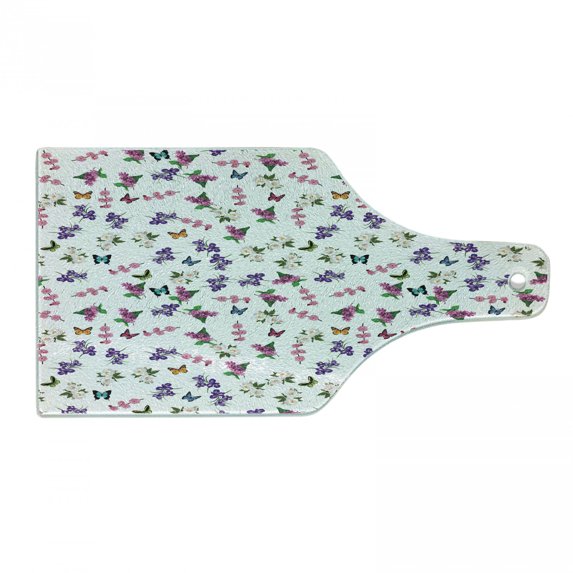 Floral Cutting Board, Bouquet of Purple Spring Flowers a Magnolias Violets and Flying Tiny Butterflies, Decorative Tempered Glass Cutting and Serving Board, in 3 Sizes, by Ambesonne
