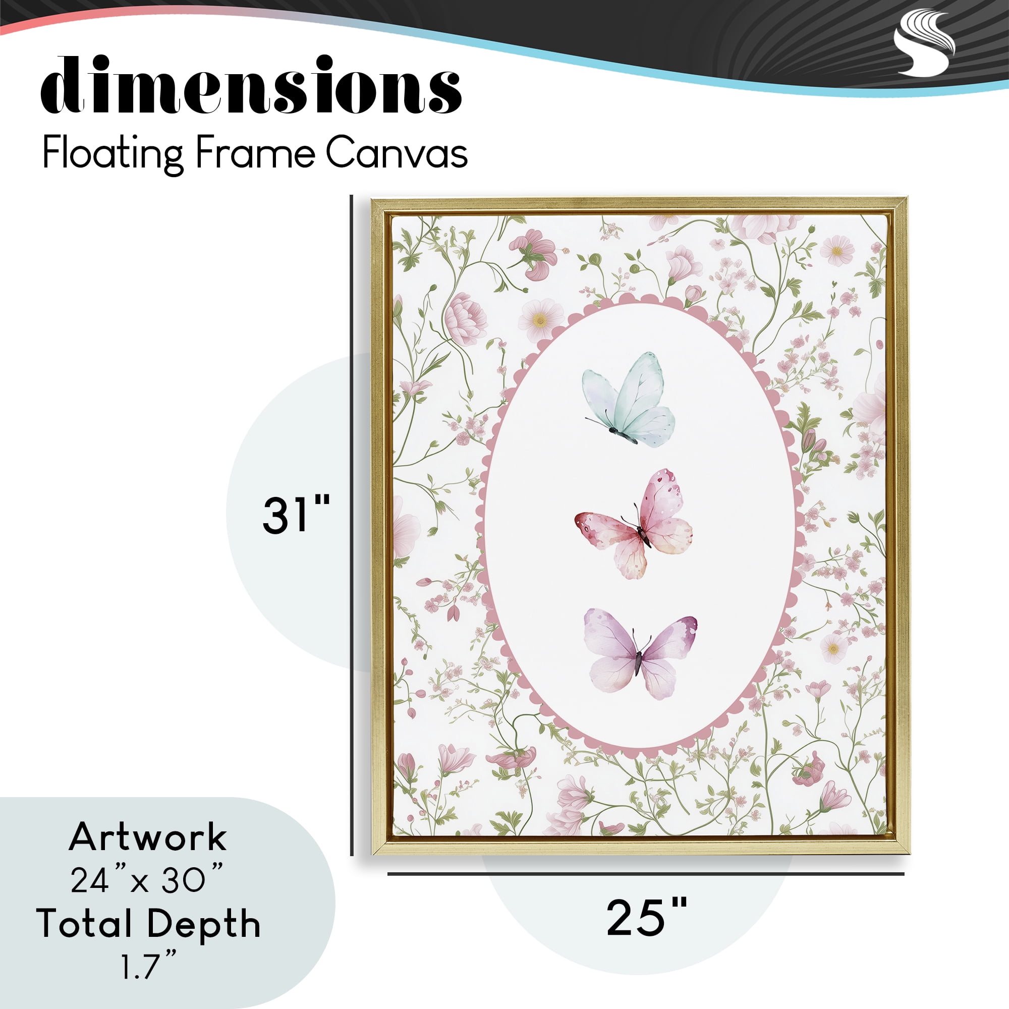 Delicate Florals & Butterfly Gold Framed Floater Canvas Wall Art, design by Christine Simpson Art