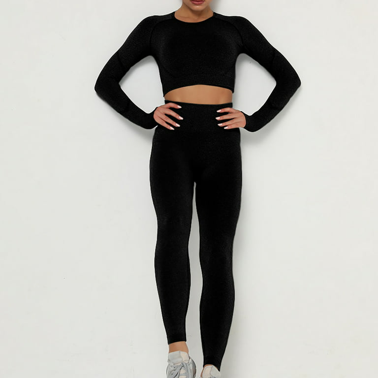 Seamless Workout Outfits for Women 2 Piece Ribbed Long Sleeve Crop Top Tummy  Control High Waist Leggings Sets Casual Bodycon Outfit Set 