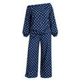 thumbnail image 5 of JIAYUE Women Polka Dot 2 Piece Outfit Off Shoulder Lantern Long Sleeve Top Drawstring Wide Leg Pants for Walking Casual Shopping, 5 of 5