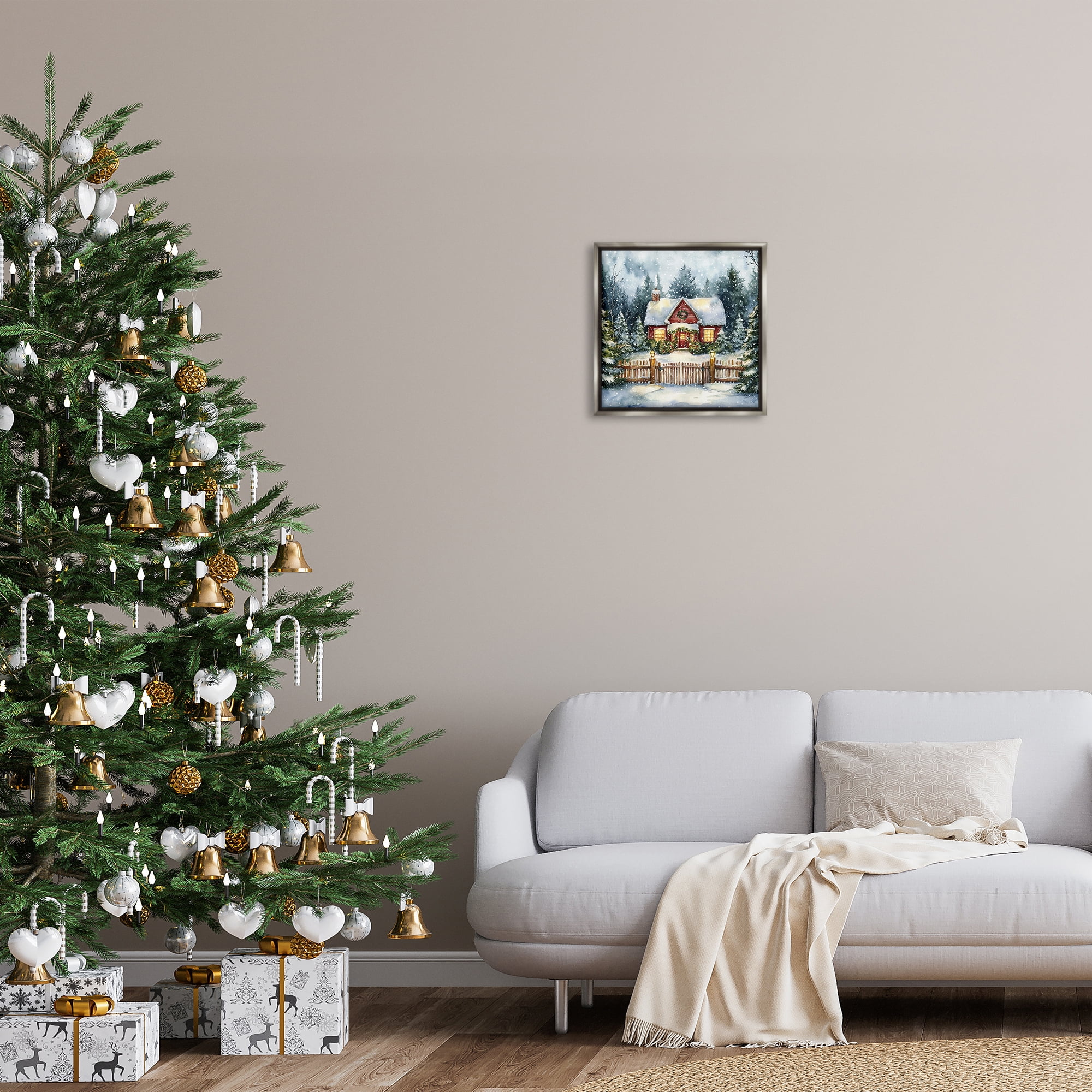 Stupell Industries Scenic Winter Cottage Holiday Painting Gray Floater Framed Canvas Art Prints Wall Art, 18 x 18