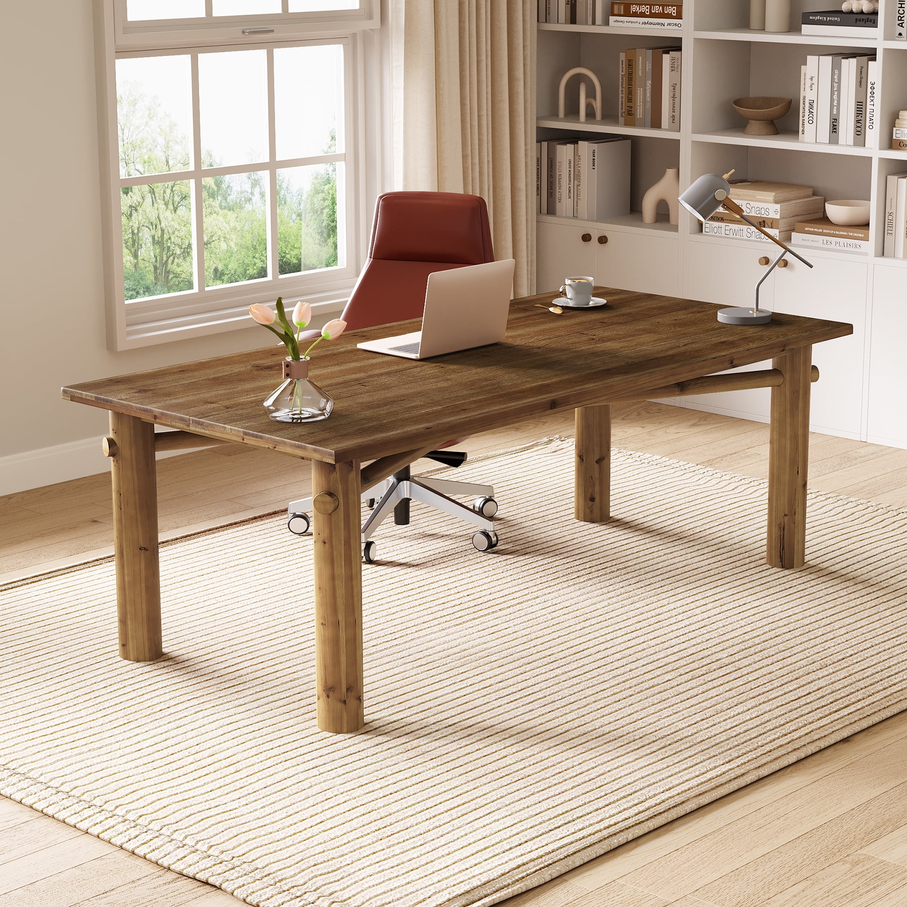 Finmind Solid Wood Computer Desk, 62.99 Inch Large Farmhouse Executive Desk for Office, Home, Study Room, Brown