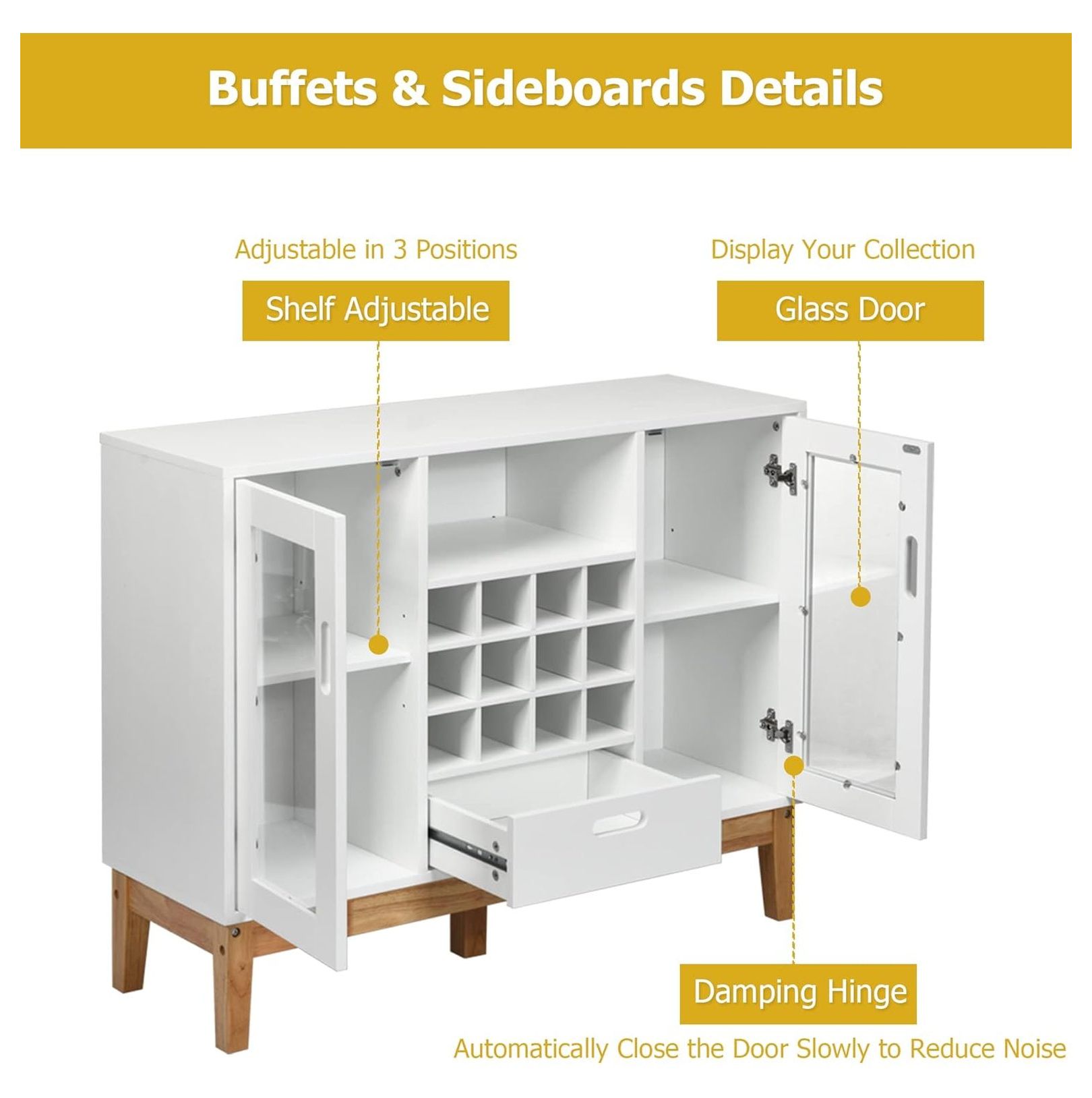 White Sideboard Buffet Storage Cabinet with Removable Wine Rack, Glass Doors, Open Shelf & Drawer, Wood Accent Console Table for Living Room, Entryway
