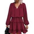 thumbnail image 6 of Qiylii Women Mini Dress, Long Sleeve V Neck Lacing Solid Pleated Fall Dress for Casual Daily, 6 of 9