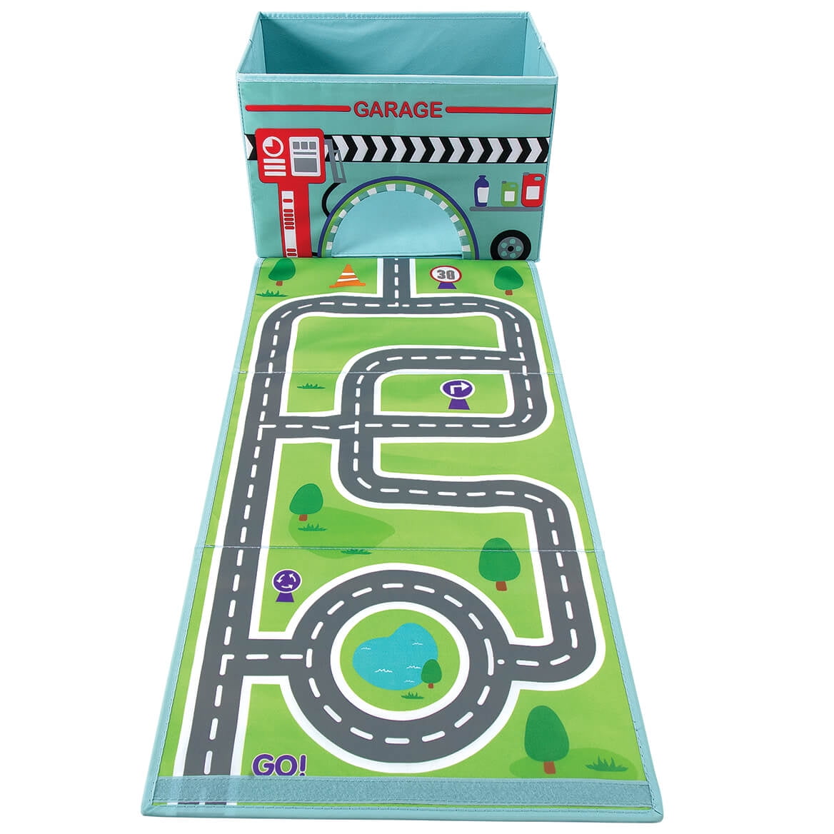 Foldover Toy Box with Play Mat, Blue Garage