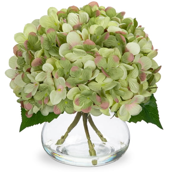 Flores artificiales Hollyone Hydrangea con jarrón de vidrio verde oscuro