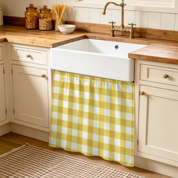 Yellow Gradient Cabinet Curtains 35"W x 35"L, Farm Plaid Buffalo Checkered Gingham Sink Skirt for Bathroom Vanity Kitchen Self Adhesive, Dust-Proof Privacy Curtain for Shelves Closet Laundry Pantry
