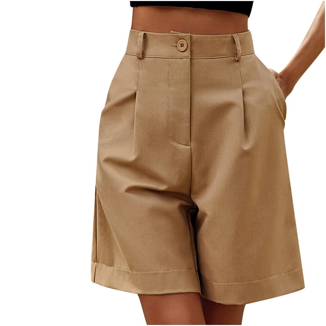 JIUKE Womens Formal Shorts Ruched Elastic High Waisted Office Casual Knee Length Shorts with Pockets