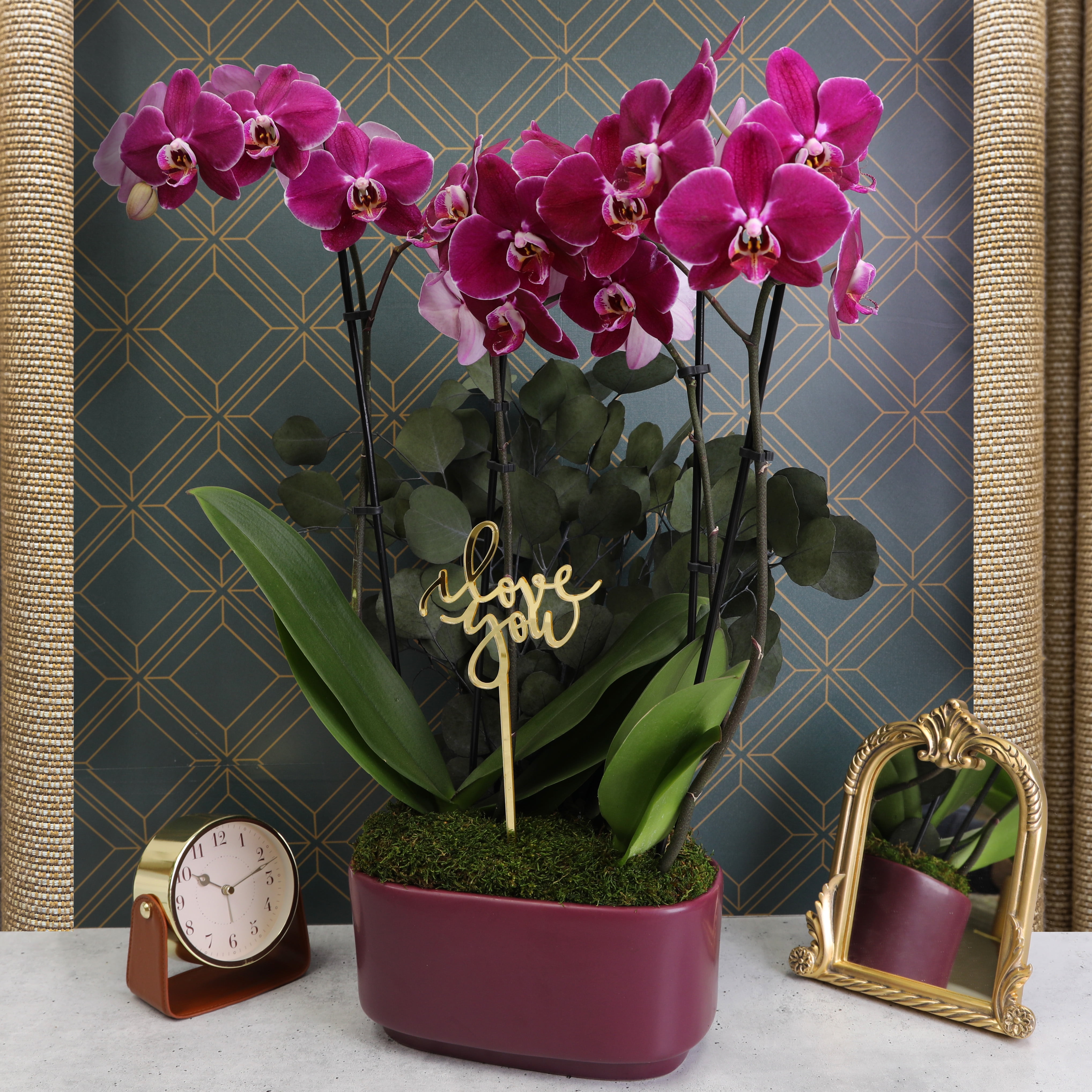 Dark Purple Orchid Duo in Elegant #10 Jan Ceramic with Preserved Eucalyptus & ‘I Love You’ Pick