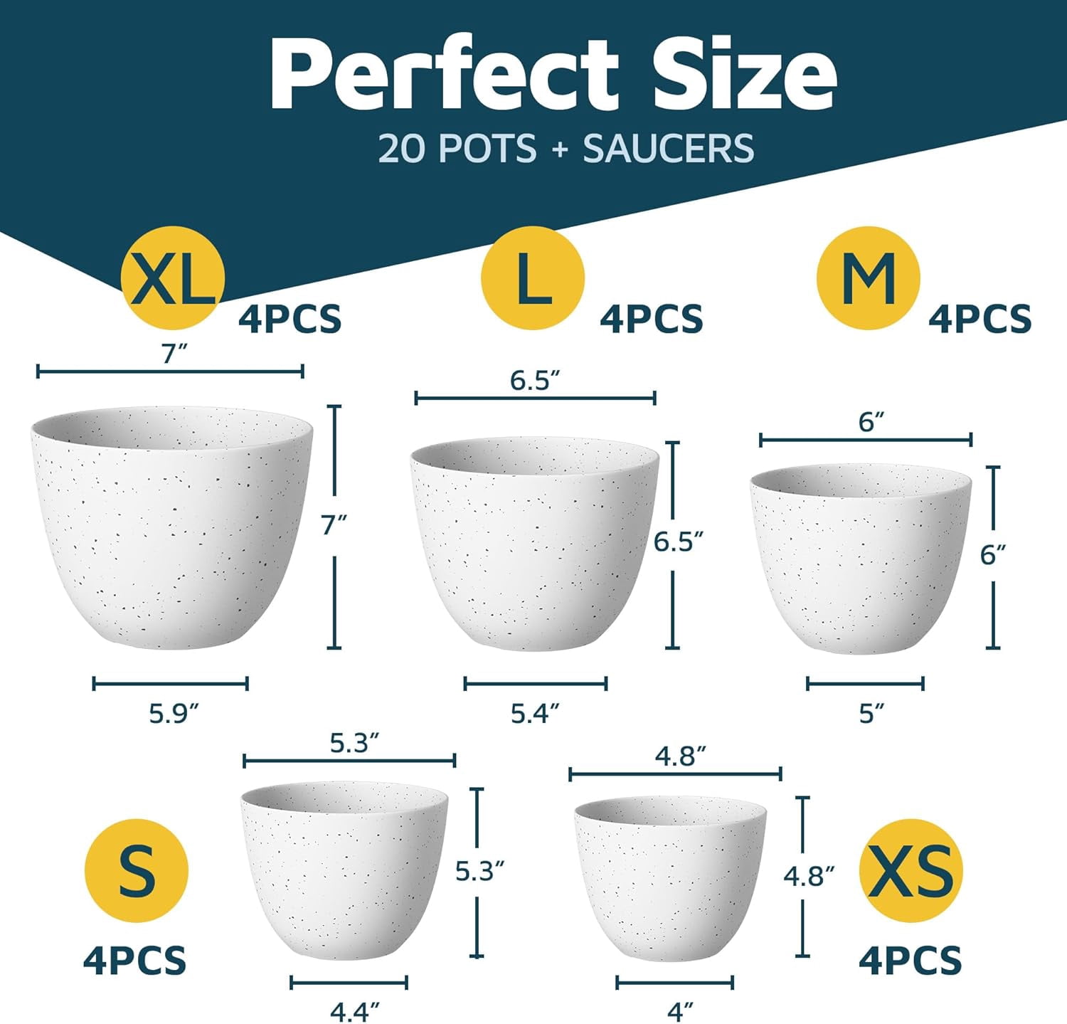White+Surface Gray Plant Pots with Drainage Holes & Saucers 20 Packs, Indoor & Outdoor Stackable Plastic Planters in Multiple Sizes for Houseplants & Flowers, Durable & Weatherproof Materials