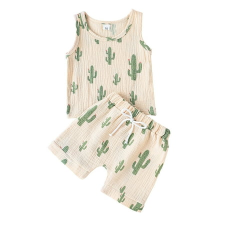 

Toddler Baby Boy Girl Outfit 3M-3Y Cartoon Rainbow Printed Linen Cotton Vest Tops Shorts Clothes Set