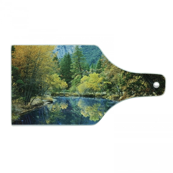 Nature Cutting Board, Autumn Landscape Scenery Forest by River Seasonal Rural Countryside Picture, Tempered Glass Cutting and Serving Board, Wine Bottle Shape, Green Blue Yellow, by Ambesonne