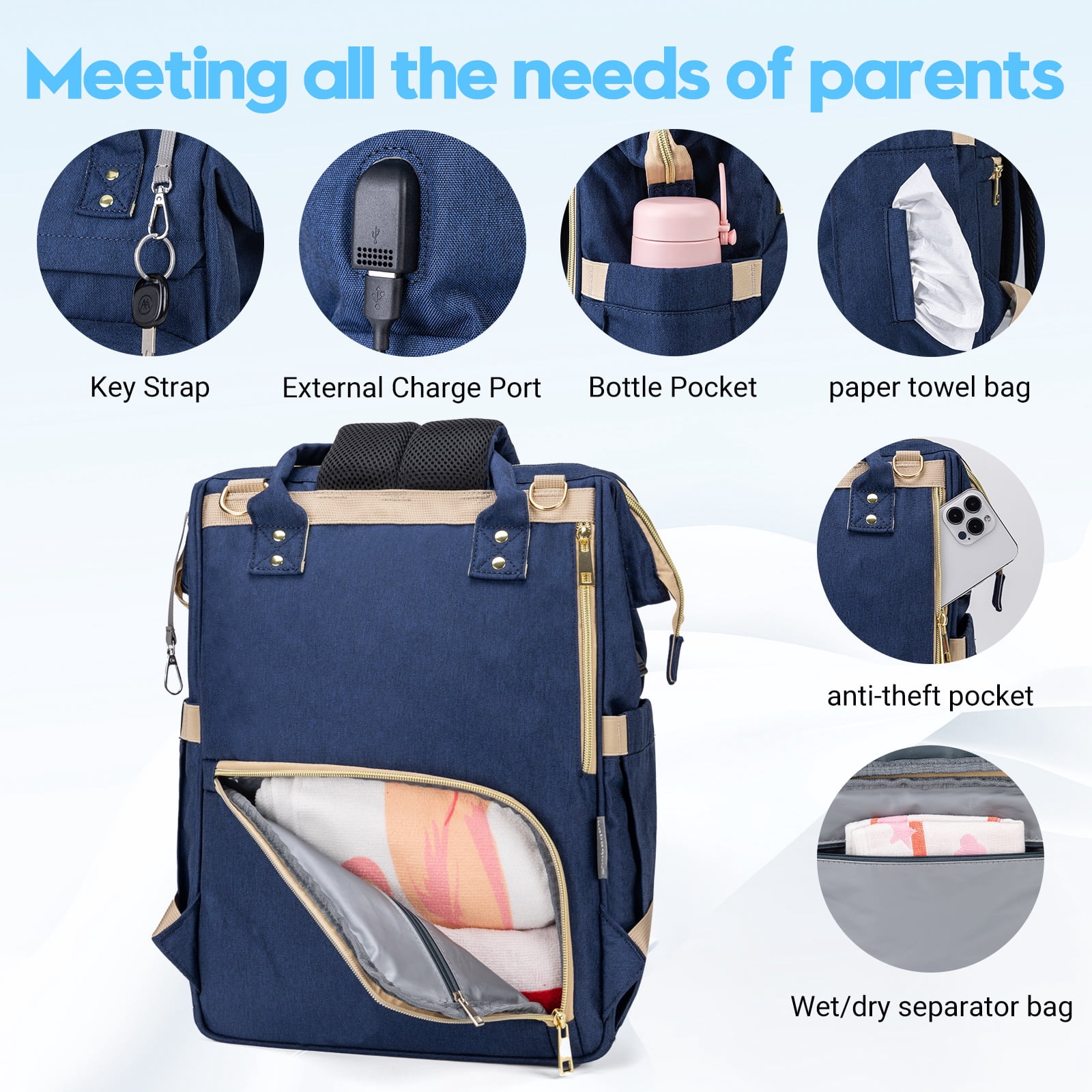 Kabaqoo Baby Diaper Bag with Charge Port, Multifunctional Diaper Backpack Newborn Essentials Gift, Blue