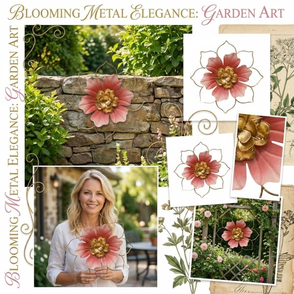 Outdoor Metal Wall Art, Metal Flower Wall Art, 12 in Diameter, Pink Gold Finish, Patio Wall Decor, Garden Decorations Outdoor, Yard Decorations, 1 Pc