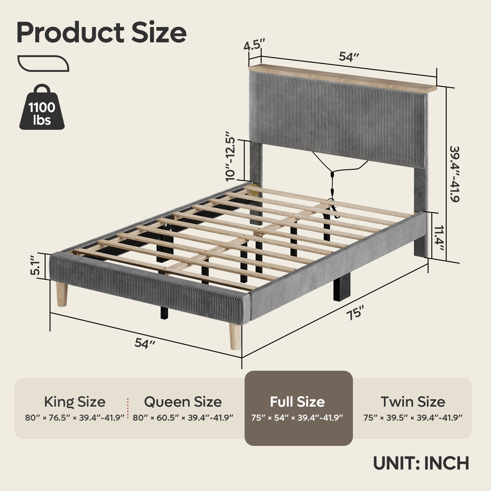 Bestier Full Size Bed Frame Upholstered Corduroy Platform Bed with LED Light & Adjustable Storage Headboard for Bedroom, Gray