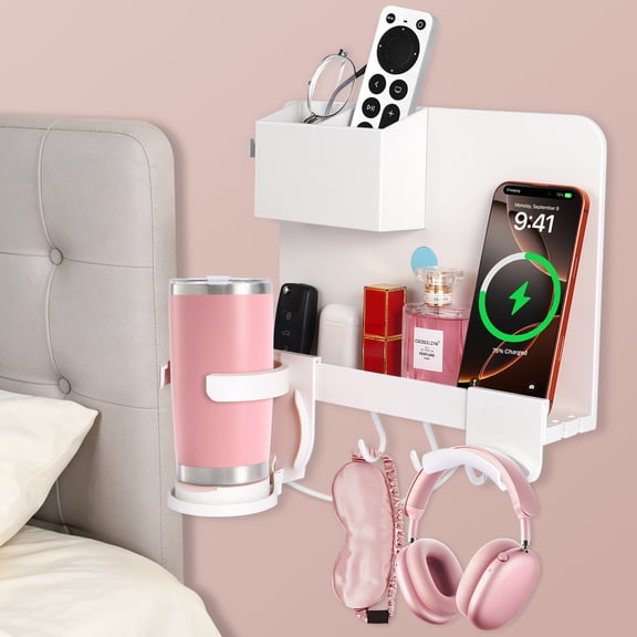 Floating Bedside Wall Organizer with Detachable Cup Holder & Hook, Adhesive Wall Mount Shelf for Phone, Remote, Glasses & Daily Essentials, Bedroom, Dorm Room, Apartment & RV Storage