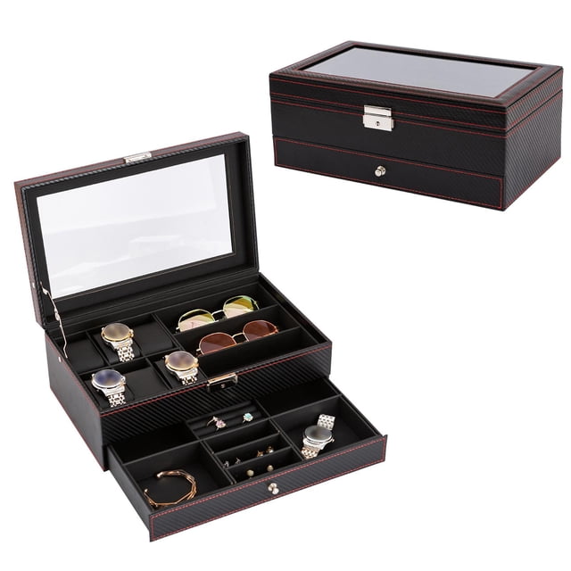 Vitrina de joyería de doble capa Yinane con cajón de joyería 12 ranuras Cuero de PU