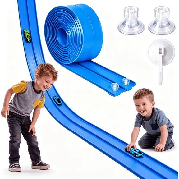 13 Ft Flexible Car Track Race Car Ramp Compatible with Hot Wheels and Diecast 1/64th Vehicle, Portable Rolls Up Race Tracks with Strong Suction Cups