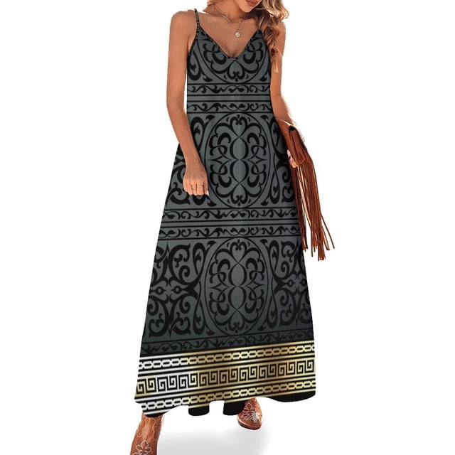 Vestido sin mangas negro y dorado adornado con clave griega, vestidos de novia para fiestas, vestidos sexis para mujeres, vestidos de fiesta para mujeres
