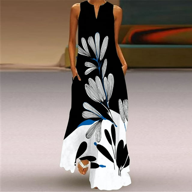SMihono Été Boho Maxi Robe pour les Femmes Plus Size Femmes Casual Longue Robe avec Imprimé Floral Rayé Maxi Sans Manches Robe Plage Swing Sundress