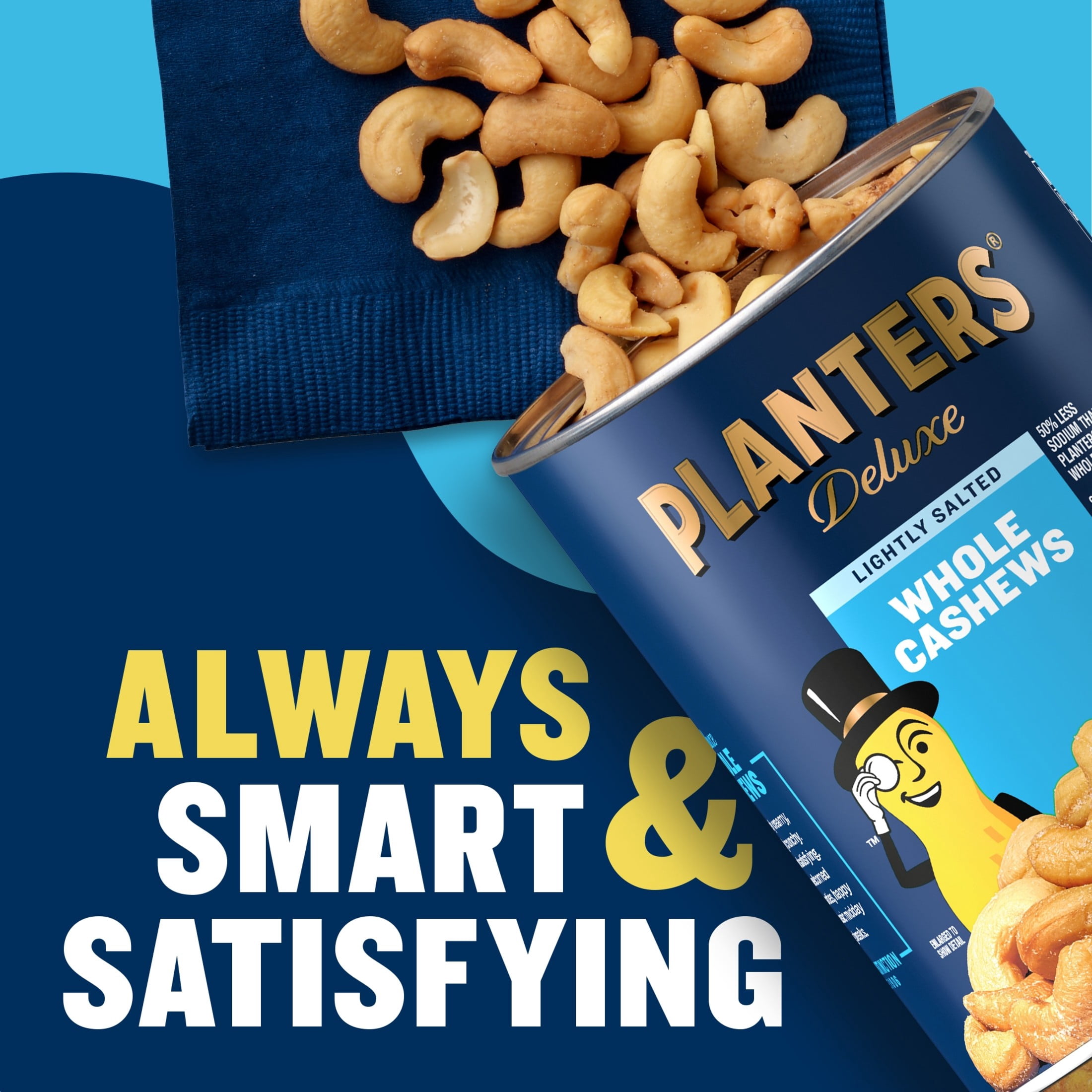Planters Deluxe Lightly Salted Whole Cashews, 5g Protein (9% DV) per serving, Gluten Free Snacks for Adults, 18.25 oz Resealable Canister