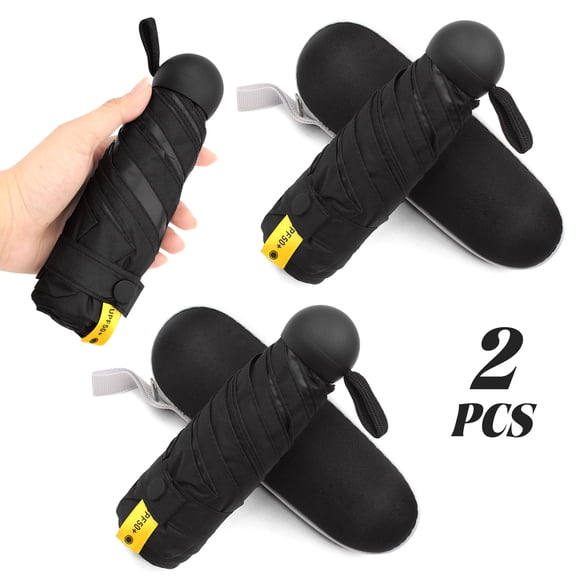 Style-Carry 2 Pack Black Compact Mini Travel Umbrella with Storage Case UPF50 Plus UV Protection Dual Use Rain Sun Small Pocket Umbrella for Outdoor Daily Travel Handbag Carry