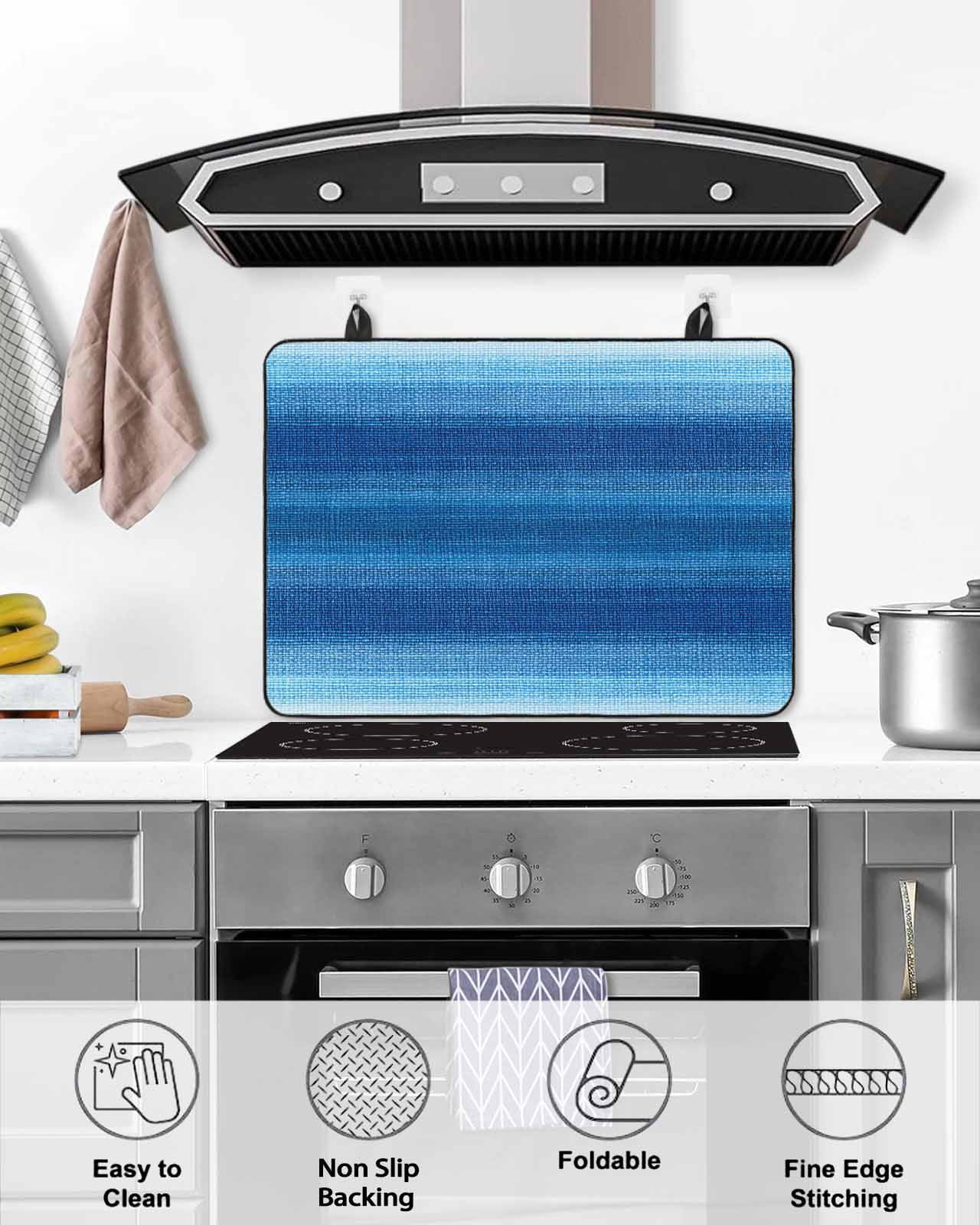 nqOlkjepod Large Induction Cooktop Protector Mat 36"x21", Blue Ombre Stripes Stove Top Covers for Electric Stove, Modern Gradient Abstract Texture Stove Burner Cover Mats, Glass Top Stove Cover