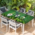 thumbnail image 2 of St. Patrick's Day Table Cloths for 4 Foot Rectangle Tables, Green Gnomes Shamrock Gold Coin Wood Grain Patio Waterproof Elastic Fitted Tablecloths, Washable Rectangular Table Cover for Camping, 2 of 8