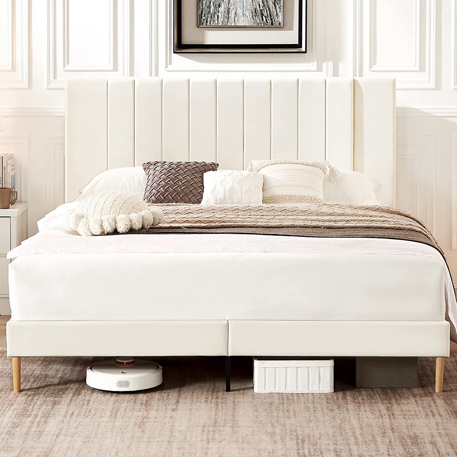 Flolinda King Bed Frame Upholstered Bed Frame with Vertical
