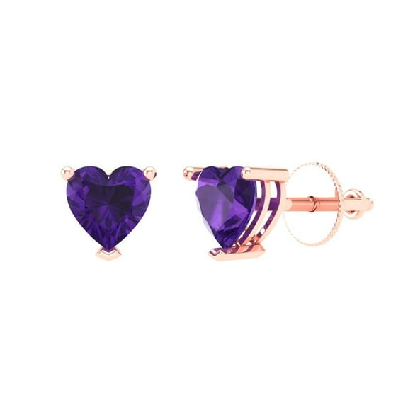 1.5 ct Screw-Back Stud Earrings for Women | 6.0mm Heart Cut Natural Amethyst | 18K Rose Gold