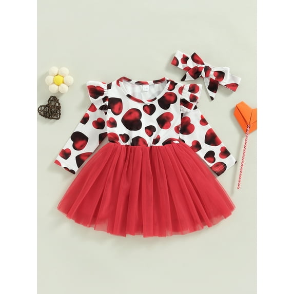 Toddler Baby Girl Dresses Long Sleeve Round Neck Ruffle Heart Print A-Lined Casual Mesh Patchwork Dress Headband (Red, 2-3 Years)
