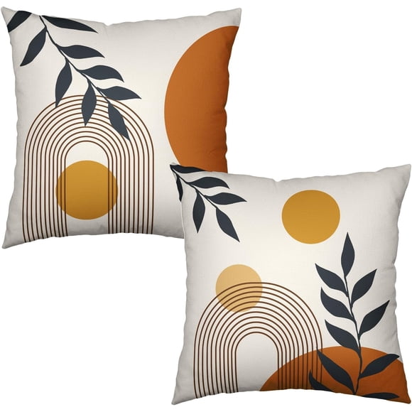 Housses de Coussin Mi-Siècle Moderne 16x16 Boho Géométrique Feuille Ensemble de Housses de Coussin de 2 Coucher de Soleil Abstrait Lever de Soleil Taie d'Oreiller Style Ferme Ligne Minimaliste Décorative Housses de Coussin d'Extérieur avec Fermeture Éclair