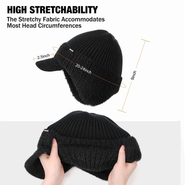 Men & Women Black Beanie with Brim and Ear Flaps Fleece-Lined Hat WMCAPS Winter Beanie with Brim and Ear Flaps, Outdoor Warm  main image 4