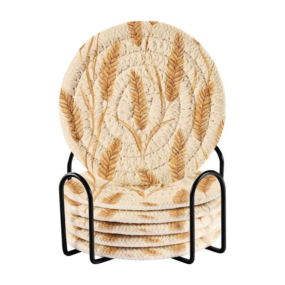 Yayeee 6 PCS Drink Coasters with Holder Set Woven Absorbent Round Tabletop Hot Pad, Wheat Ears Pattern