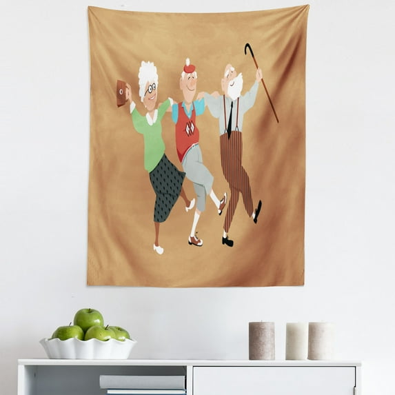 Retirement Tapestry, 3 Happy Seniors Dancing Sirtaki Zorba Dance Recreational Activity, Fabric Wall Hanging Decor for Bedroom Living Room Dorm, 5 Sizes, Multicolor, by Ambesonne