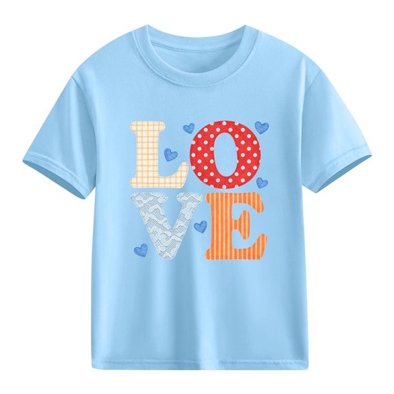 Girls Love Graphic T-Shirt | Valentine's Day Short Sleeve Cotton Top | Soft Kids Tee for Girls 4-10 Years | Light Blue,Size 4 T