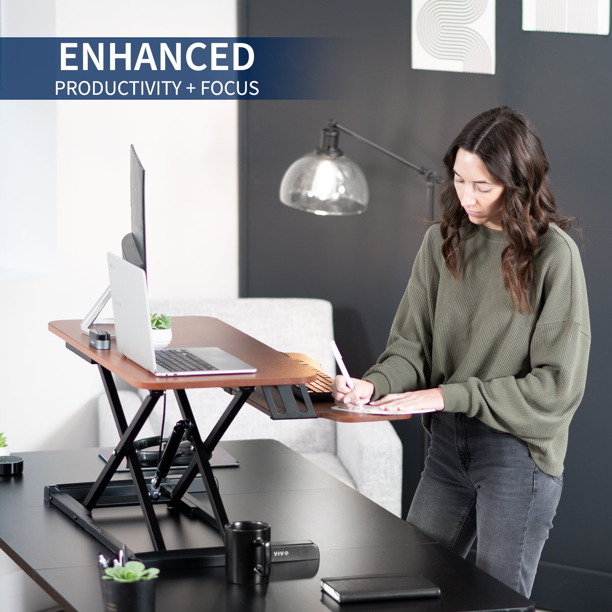 VIVO Adjustable 42" Standing Desk Monitor Riser, Dark Walnut Top, Black Frame