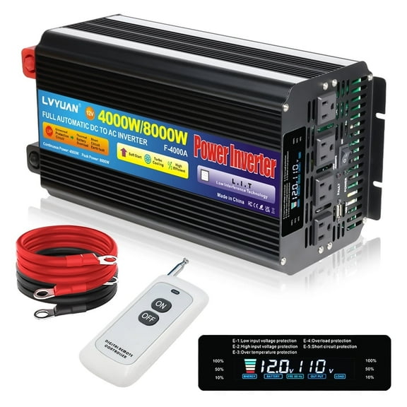 4000W 8000W Power Inverter DC 12V to AC 110V Modified Sine Wave Inverter,LCD Display,Remote Control,4AC 1USB for Vehicles,Outdoor Travel,Home Backup Black
