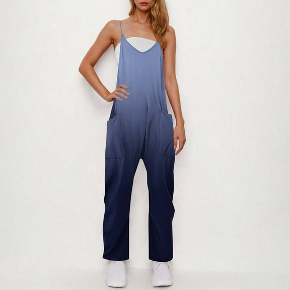 Sakmal Plus Size One Piece Jumpsuits for Women Blue Workout Sleeveless Overalls V Neck Straight Leg Gradient Long Pants with Pockets