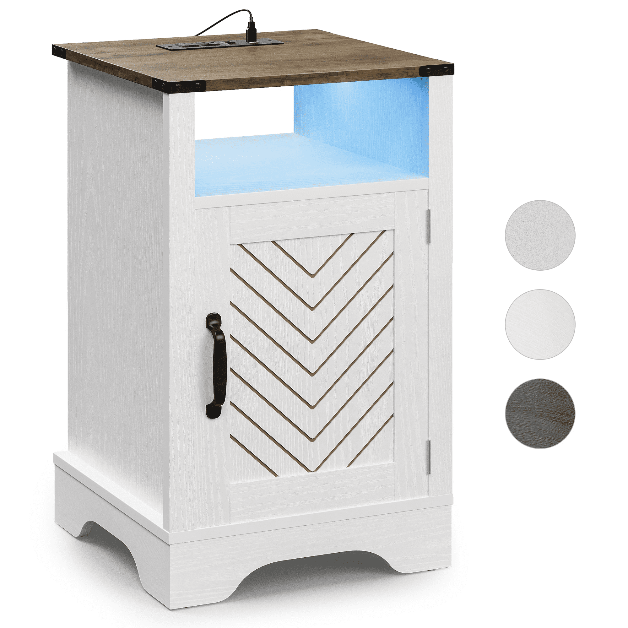 Mintazer 25"H Farmhouse Nightstand Set of 2, End Table with Charging Station & Storage, Bedside Cabinet with LED Lights for Bedroom Hallway Closet Living Room, White