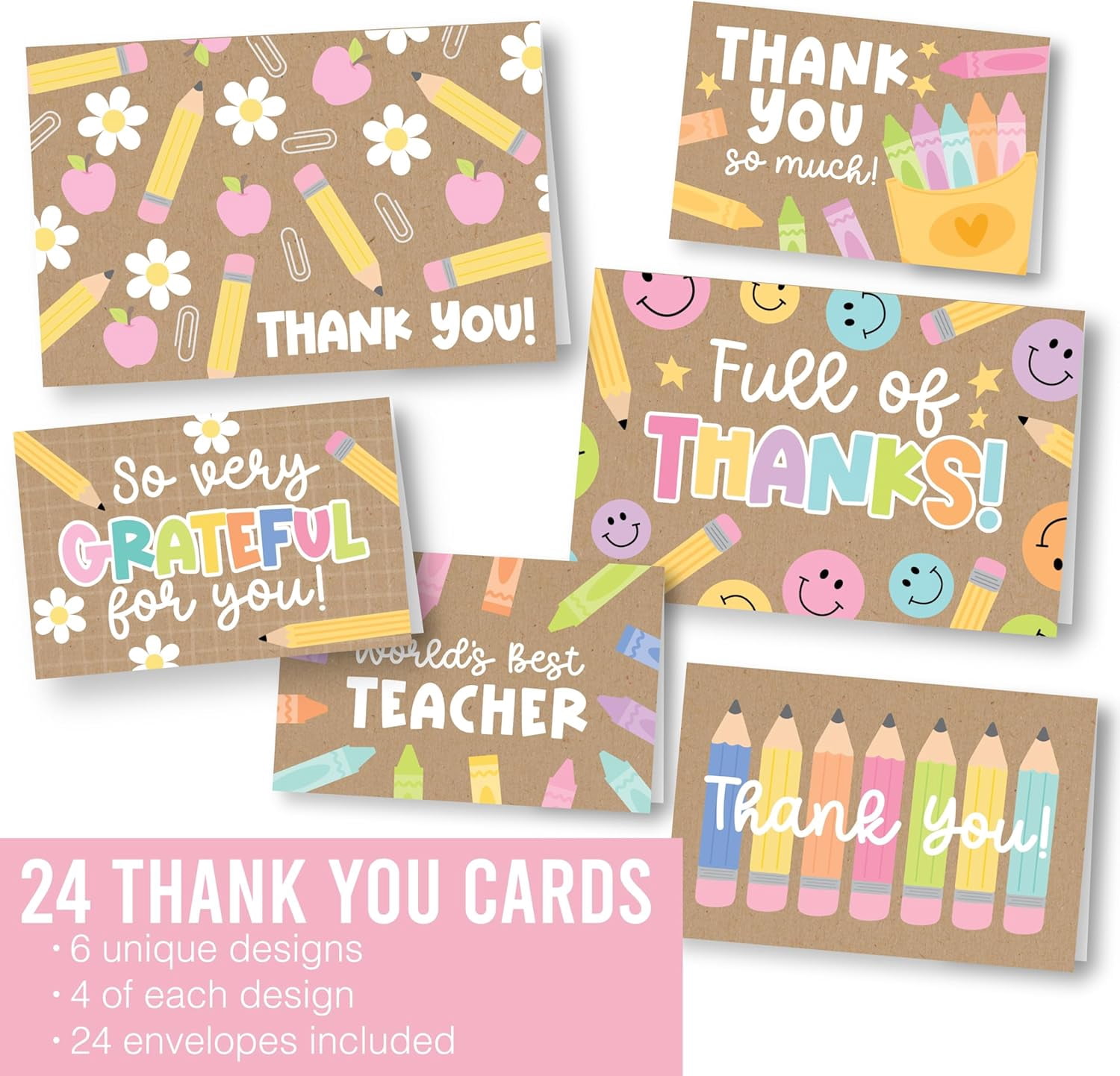 24 Teacher Thank You Cards with Envelopes - 6 x 4 Appreciation Bulk End of School Year Graduation 2026 Teachers Week Card from Student