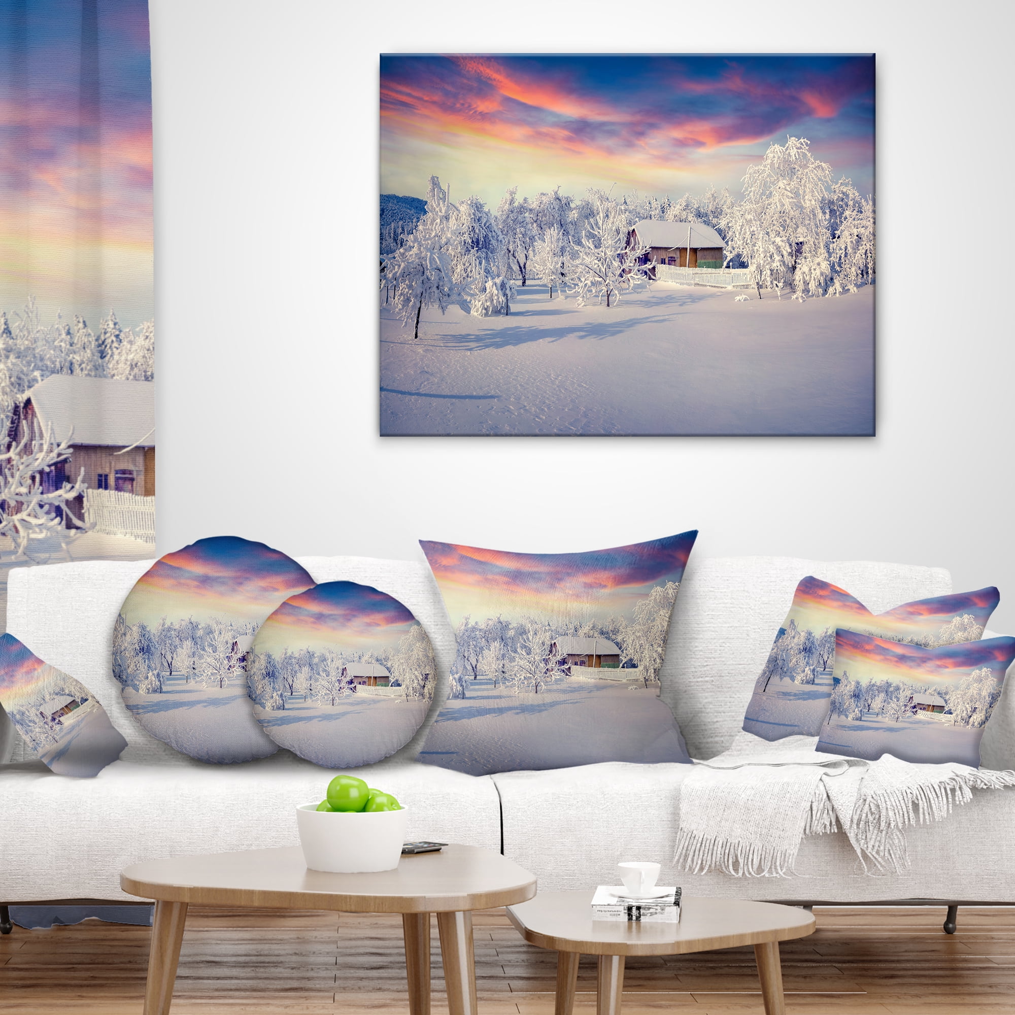 Designart Snowfall Covering Trees and Houses - Landscape Printed Throw Pillow - 18x18