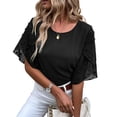 thumbnail image 1 of Top de manga de pétalo para mujer, camisa de empalme de malla con cuello redondo, Top informal suelto de Color puro, negro S, 1 of 6