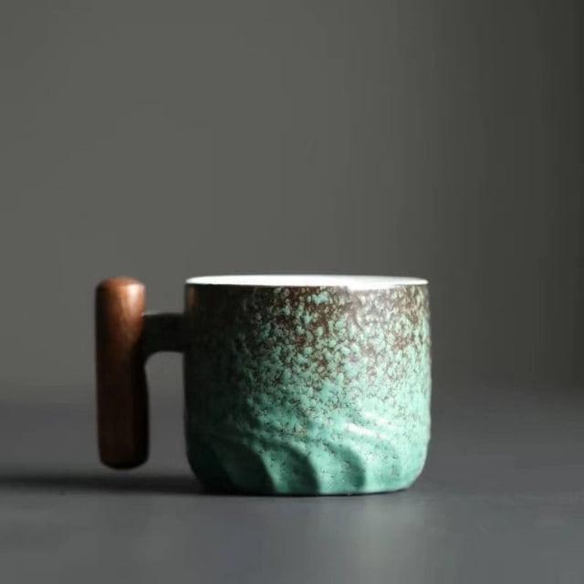 Cerámica Taza de café retro de cerámica Taza de café de cerámica con mango de madera de color sólido Taza de café de cerámica con esmalte degradado Taza de café hecha a mano para oficina
