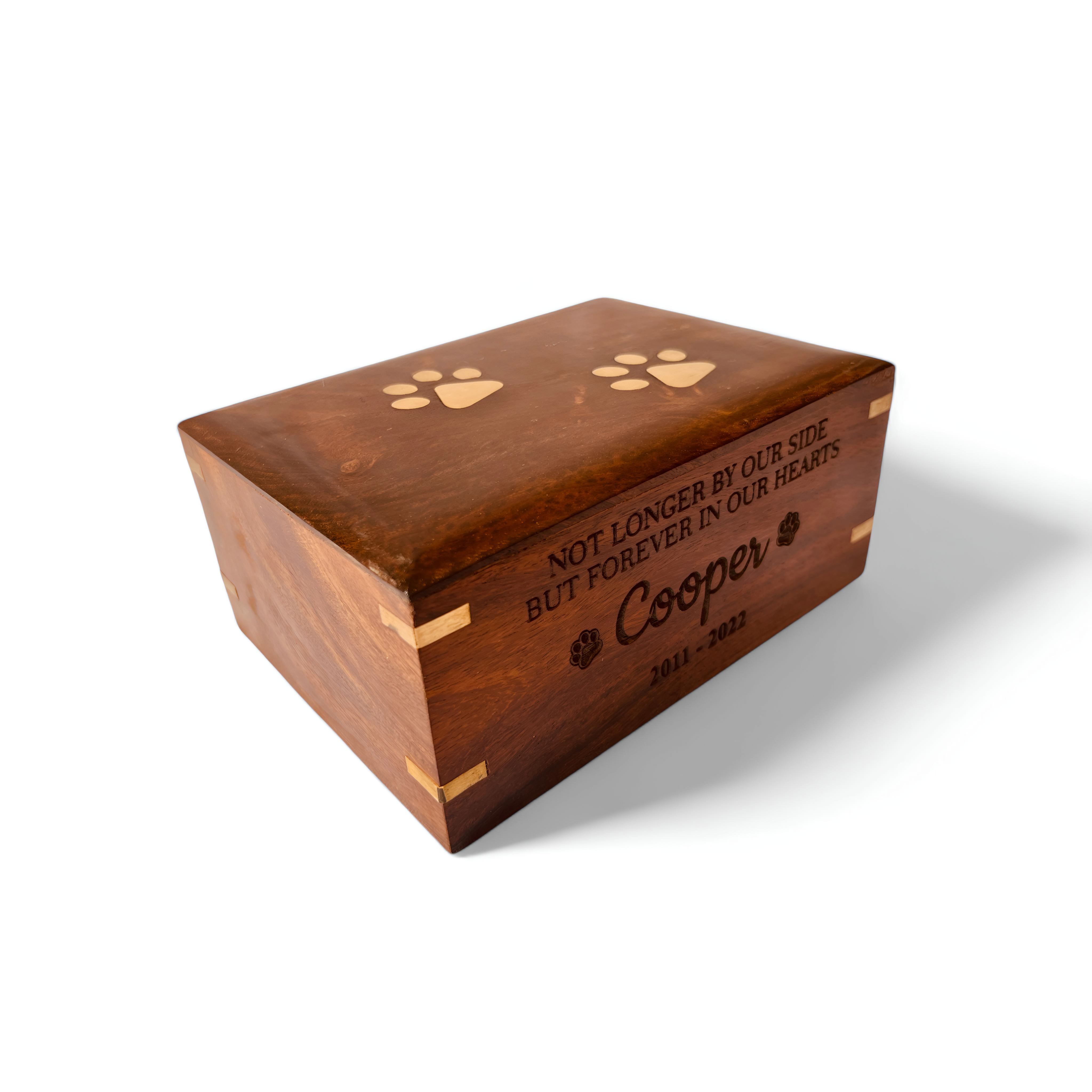 Personalized Cremation Urns for Dog Ashes - Engraved Rosewood Pet Urn with Brass Inlaid Paw Prints - Memorial Wooden Keepsake Box for Pet Ashes