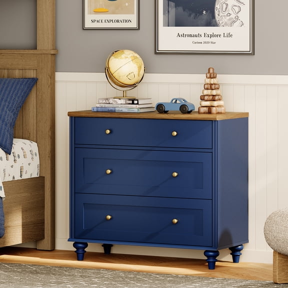 Navy Blue End Table with 3 Drawers, Large Wood Bedside Table Night Stand, Wide Sofa Side Table 3 Drawers for Living Room, Bedroom