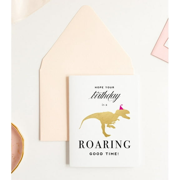 Dinosaur Birthday Card - "Hope Your Birthday is a Roaring Good Time!" - Fun T-Rex Gold Foil Design - Includes Envelope - Perfect for Kids and Dinosaur Lovers