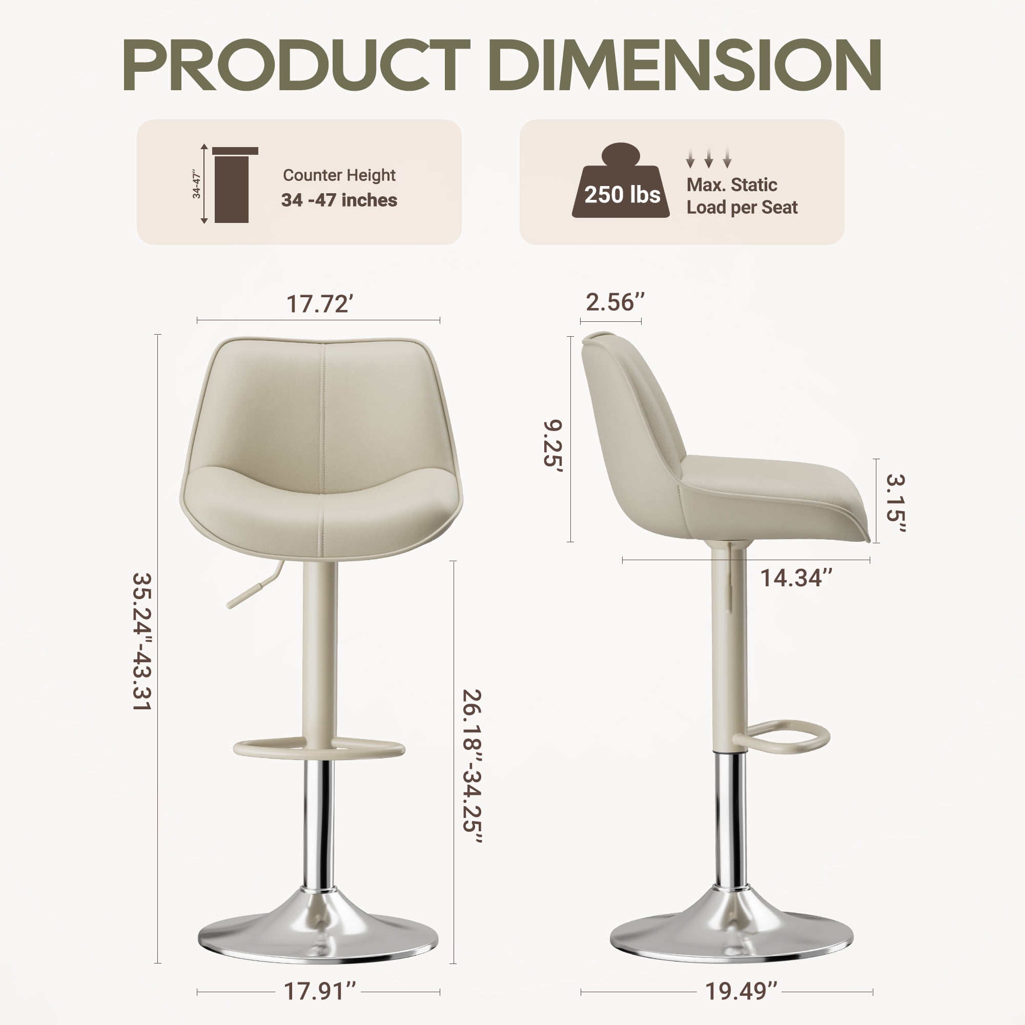 EOP Upholstered Bar Stools Set of 6, Adjustable Swivel Counter Height Bar Chairs with Backrest, Modern PU Leather Counter Stools for Bar, Kitchen, Dining Room, Beige