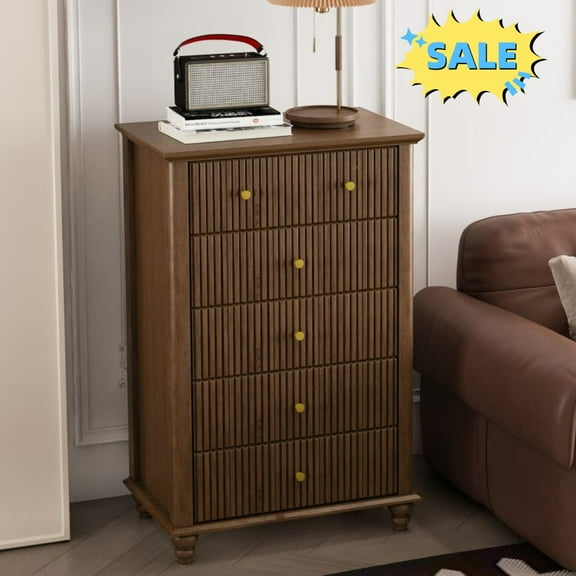 Tcbosik 5 Drawers Dresser, Chest of Drawers, 45"H Clothing Organizer for Closet, Bedroom, Hallway, Living Room, Walnut
