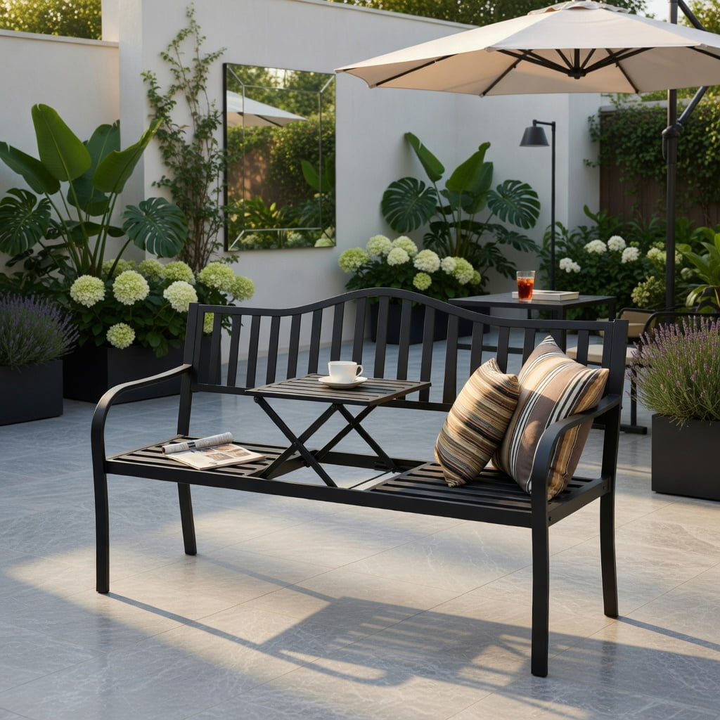 Hommoo Outdoor Steel Patio Bench with Foldable Center Table, Rust-Resistant Garden Seating for Backyard, Deck & Balcony, Black